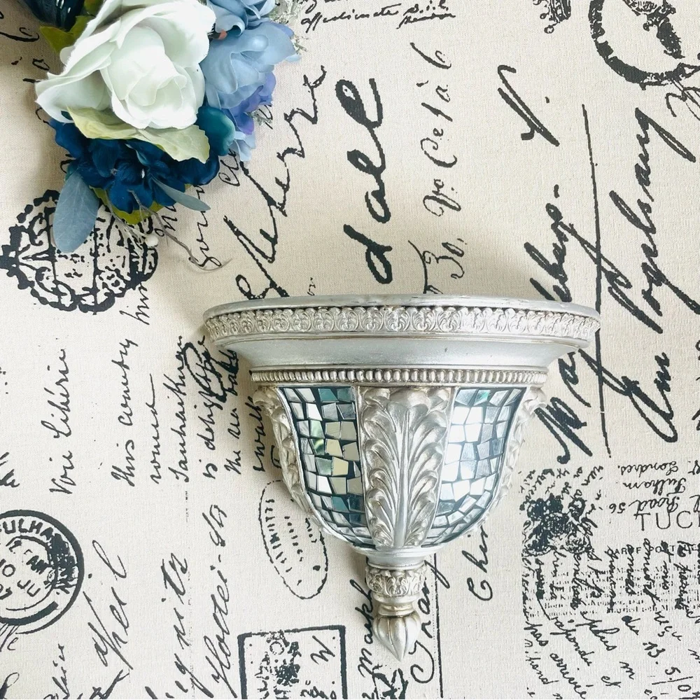Art Deco Rustic Silver Mosaic Half Moon Wall Decorative Wall Shelf Scones (Set)
